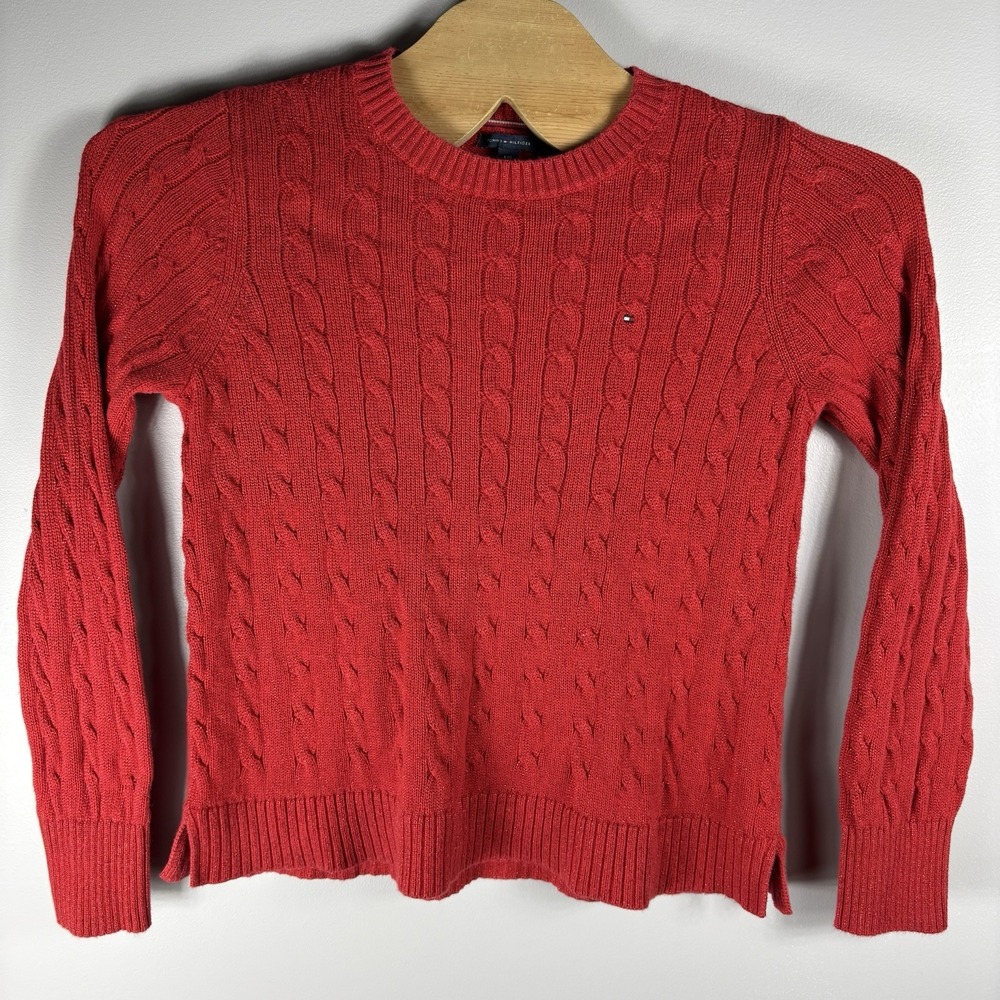 Tommy Hilfiger Women's Large Red Metallic Cable‎ Knit Crew Neck Pullover Sweater